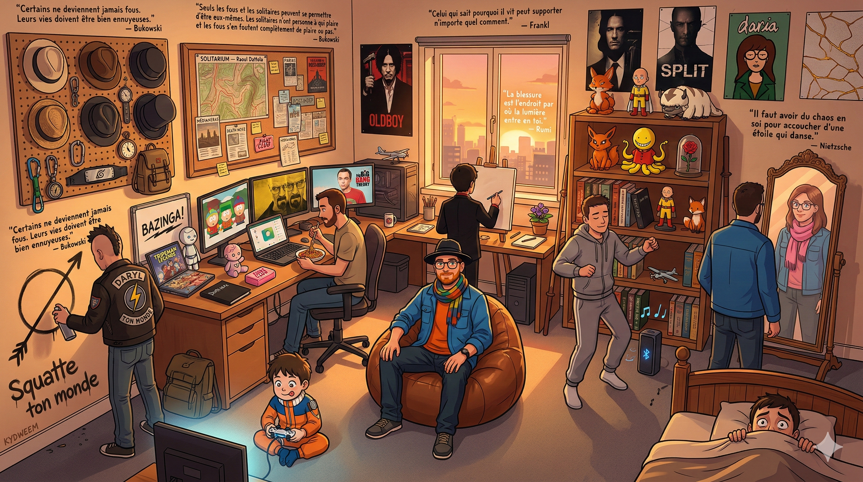 Bureau de rêve illustré style manga — espace de travail imaginaire