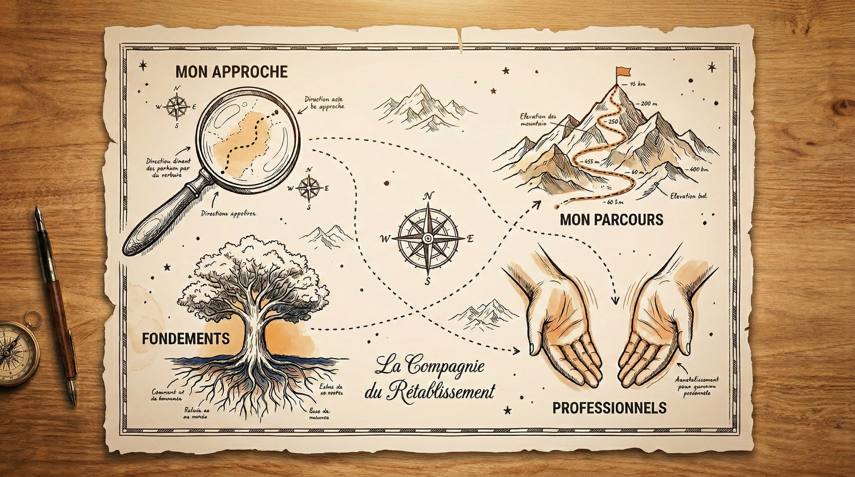 Carte de navigation : Mon Approche (loupe), Mon Parcours (montagnes), Fondements (arbre), Professionnels (mains)
